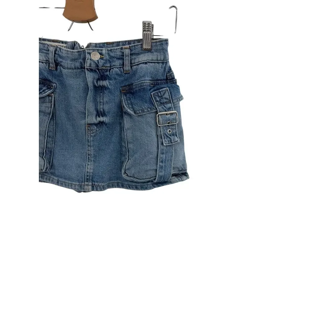 Free‎ People Denim Cargo Mini Skort Utility Pocket Buckle Blue Size 25
